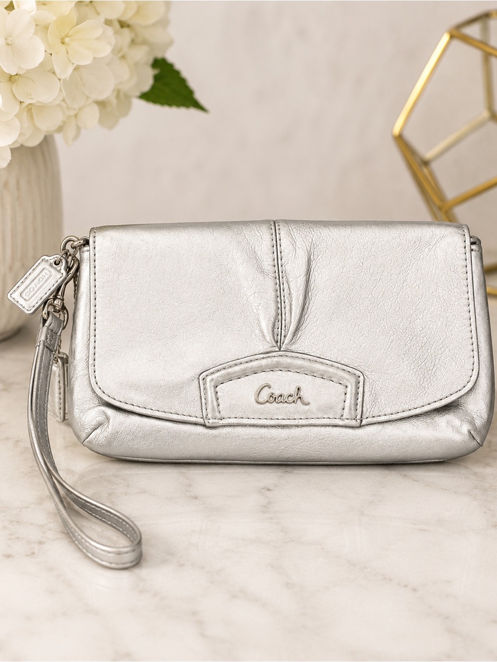Coach Metallic Silver Wristlet Clutch